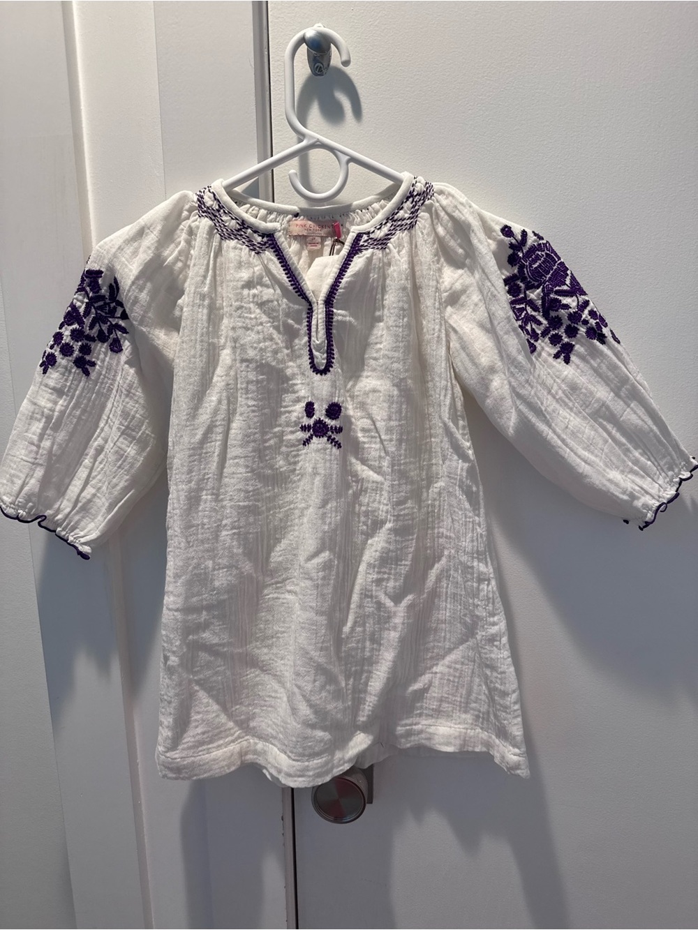 Pink Chicken NWT White Boho Tunic Dress with Purple Floral Embroidery - Kids